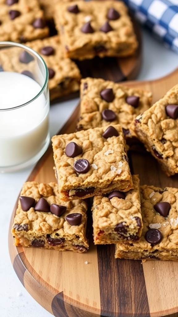 Chewy oatmeal chocolate chip cookie bars on a wooden platter with a glass of milk.